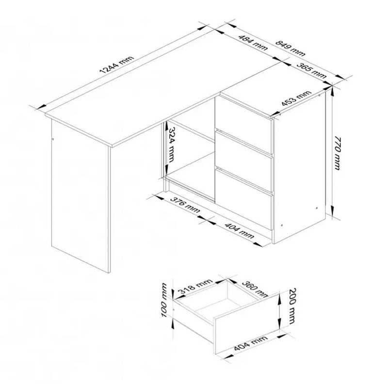 Sarok íróasztal 3 tárolóval b16 fehér - sonoma
