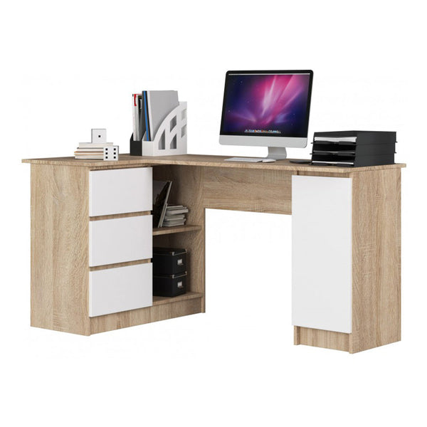 Sarok számítógép íróasztal 3 tárolóval 155cm tölgyfa - fehér