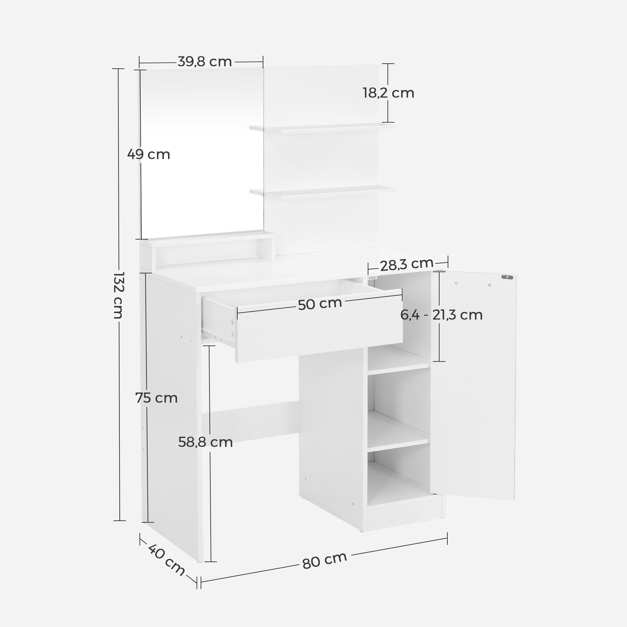 Vasagle smikasztal fehér 80 x 40 x 132 cm